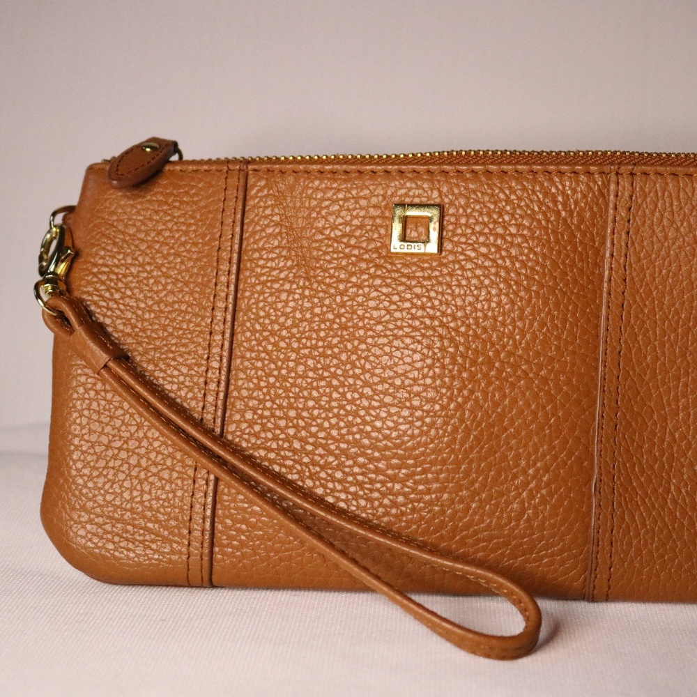 Lodis brown leather wristlet purse/wallet with removable strap.